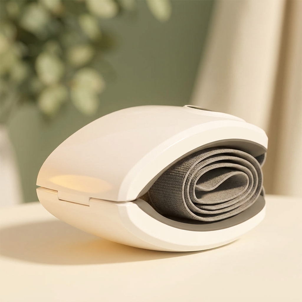 Close-up of the folded SOLACE eye massager showing its casing and soft strap