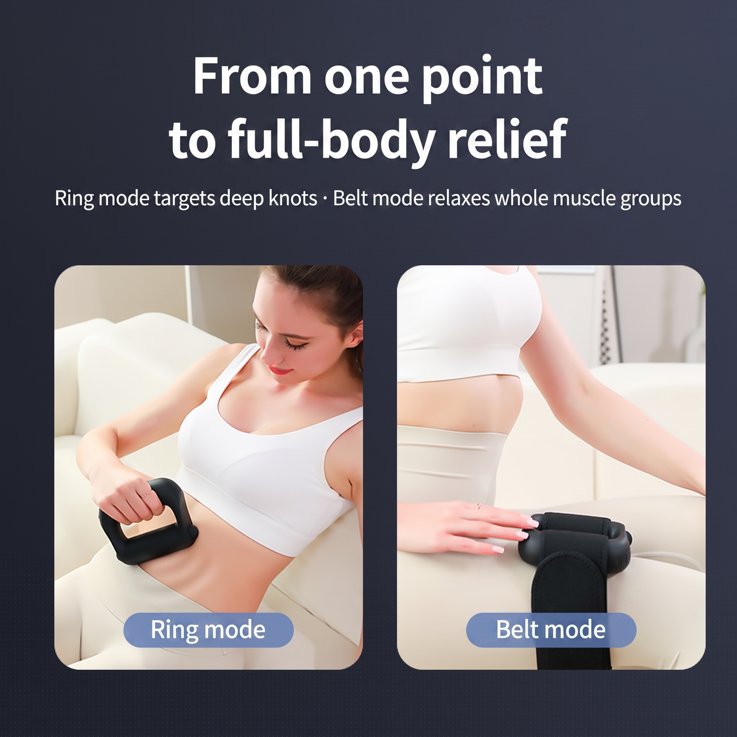HALO Massage Ring modes — ring mode targets deep knots, belt mode relaxes whole muscle groups