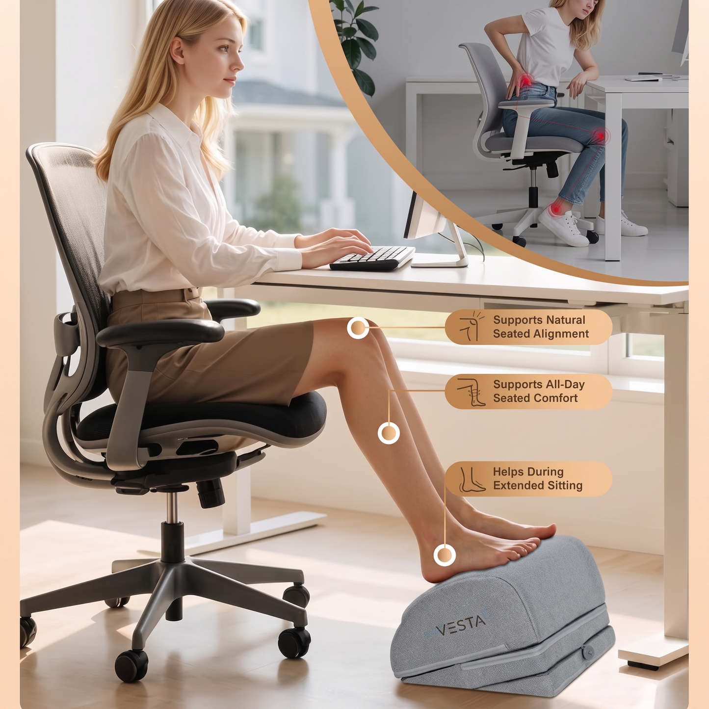 VESTA under-desk foot rest supporting natural seated alignment and all-day comfort at an office desk