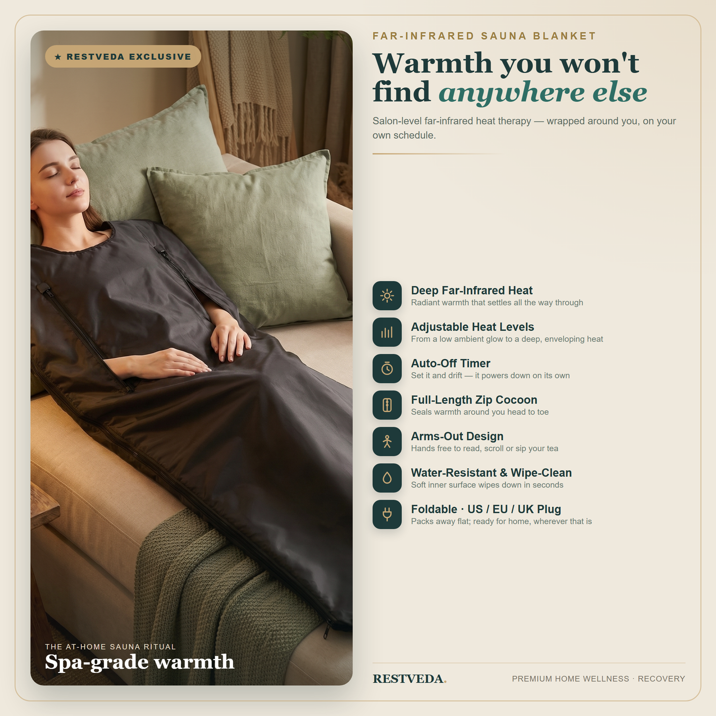 AURELIA far-infrared sauna blanket — Restveda exclusive: deep far-infrared heat, adjustable heat levels, auto-off timer, full-zip cocoon, arms-out design, water-resistant wipe-clean, foldable, US/EU/UK plug