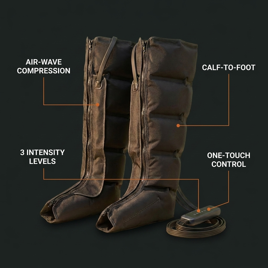 HALCYON features: air-wave compression, calf-to-foot coverage, 3 intensity levels, one-touch control