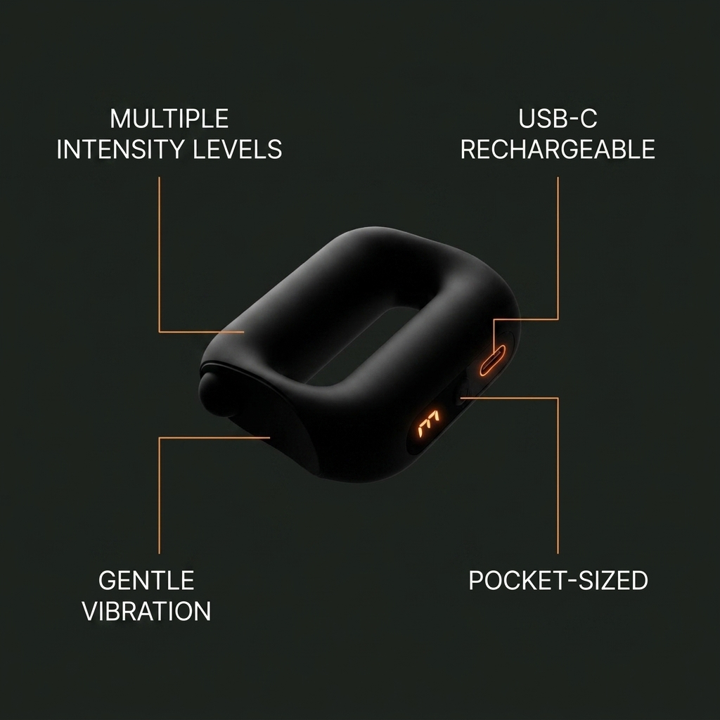 HALO features: multiple intensity levels, USB-C rechargeable, gentle vibration, pocket-sized