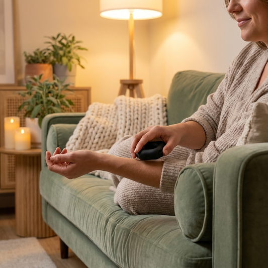 Person relaxing on a couch using the black HALO handheld massage ring