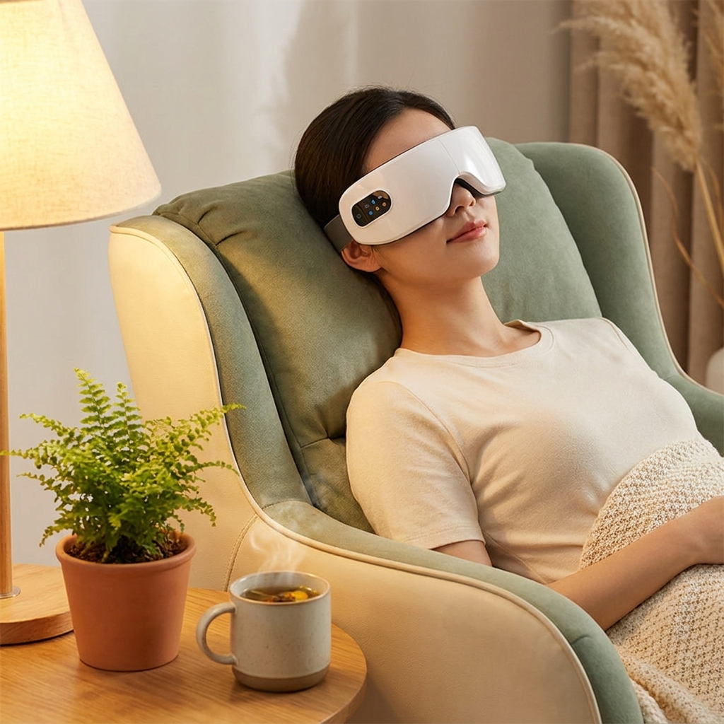 SOLACE eye massager used during a calm evening at home