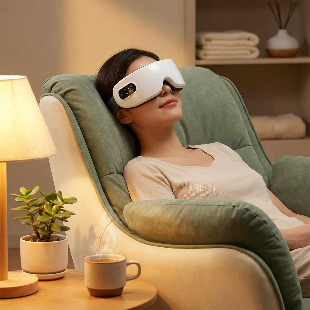 Woman reclining wearing the SOLACE Deluxe AI Voice eye massager during an evening wind-down