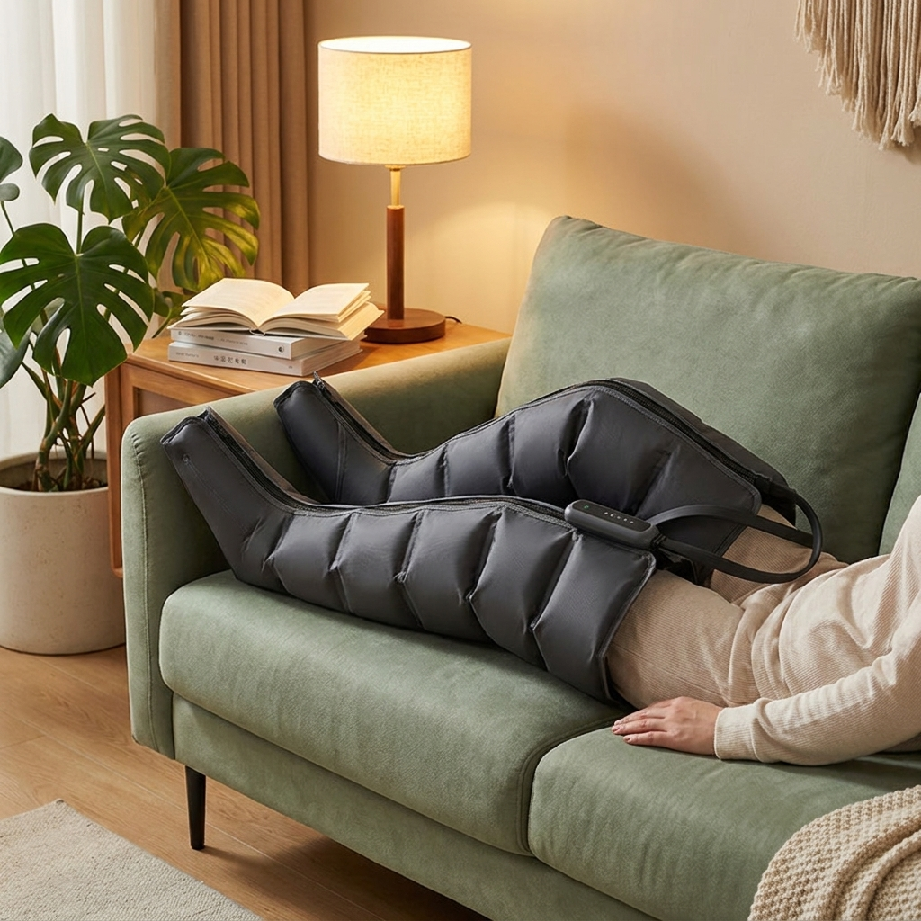 HALCYON air-wave leg and foot boots in a calm home setting