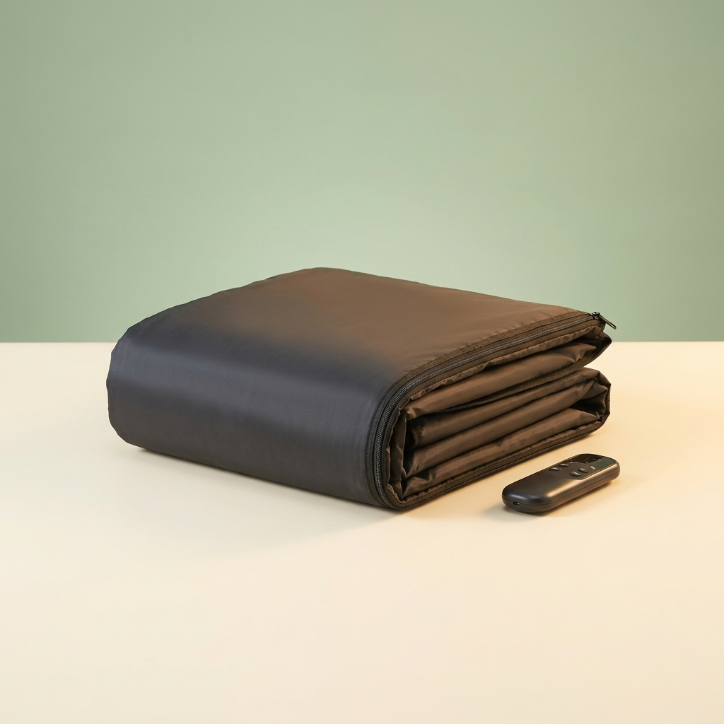 AURELIA far-infrared sauna blanket folded with its hand controller, premium studio shot