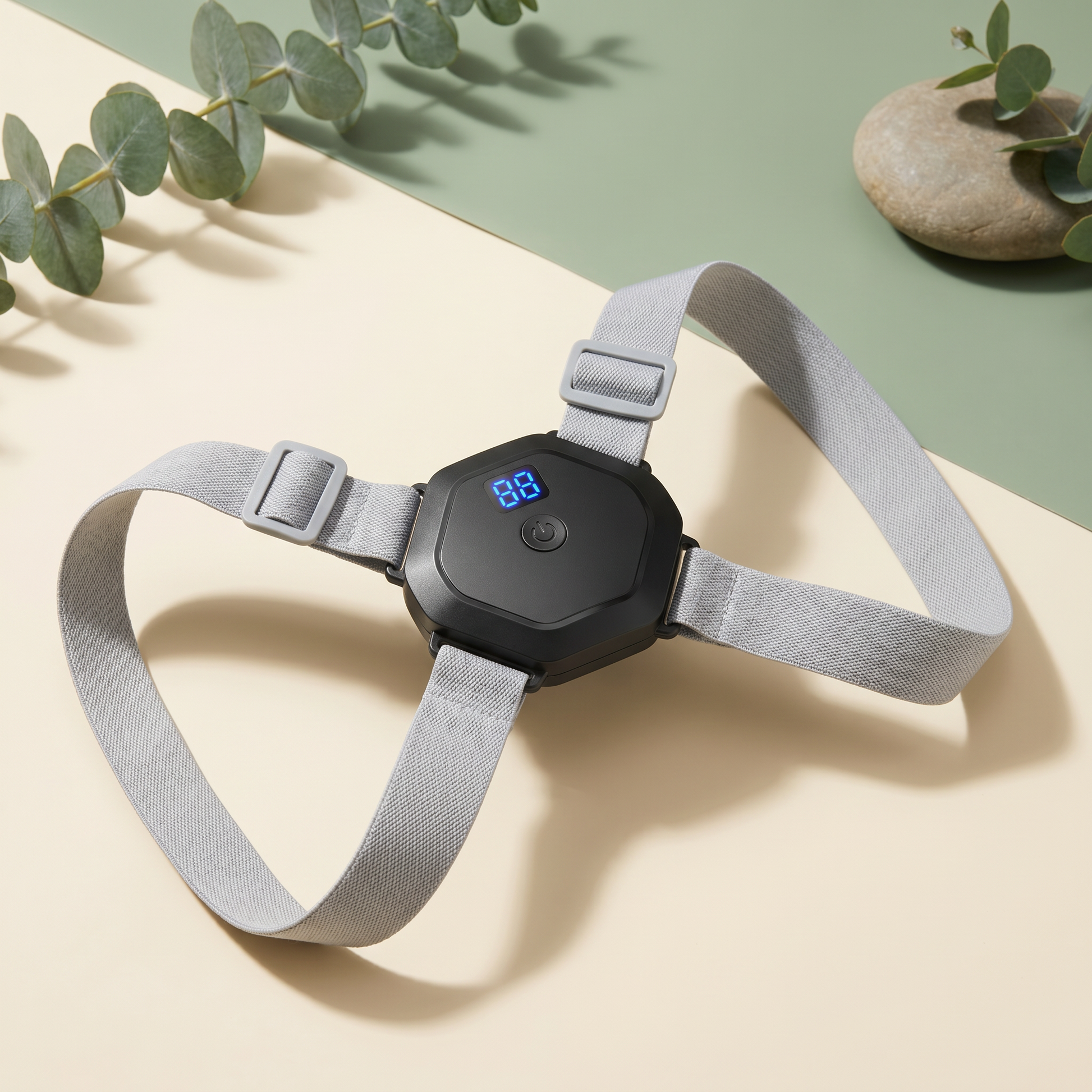 Restveda J-5000 smart posture trainer — black hexagonal pod with blue LCD display and adjustable gray straps