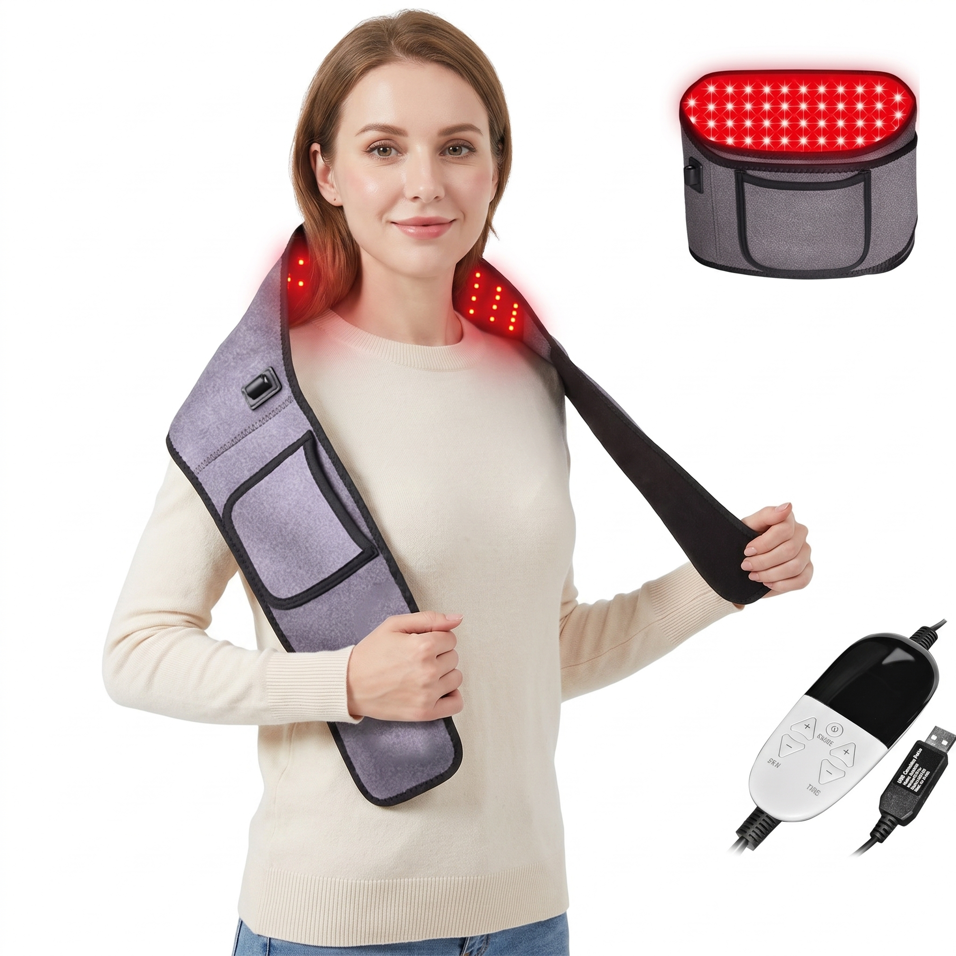 Woman wearing the LUNA far-infrared red-light heating wrap over her neck and shoulders, with the folded wrap and USB controller shown