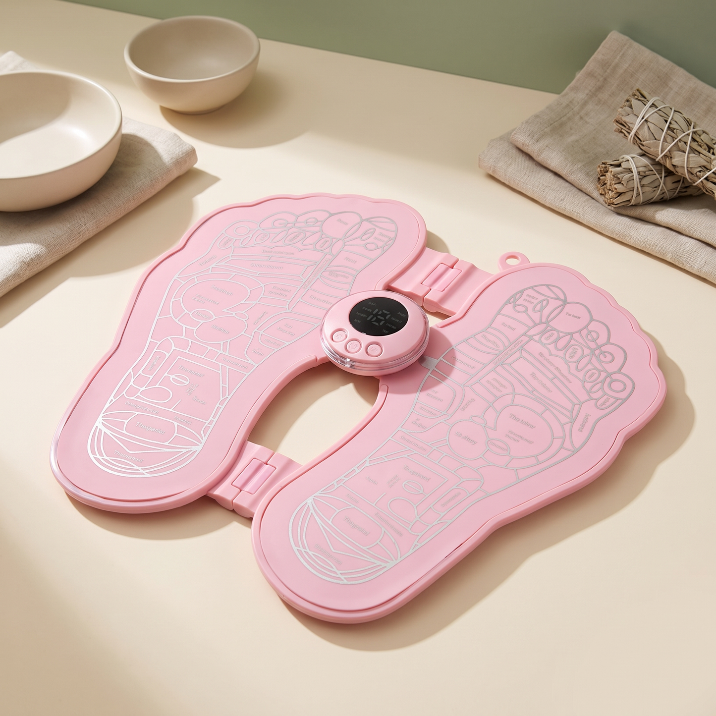 Pink QUANTUM EMS foldable foot massager pad, unfolded, on a clean wellness background