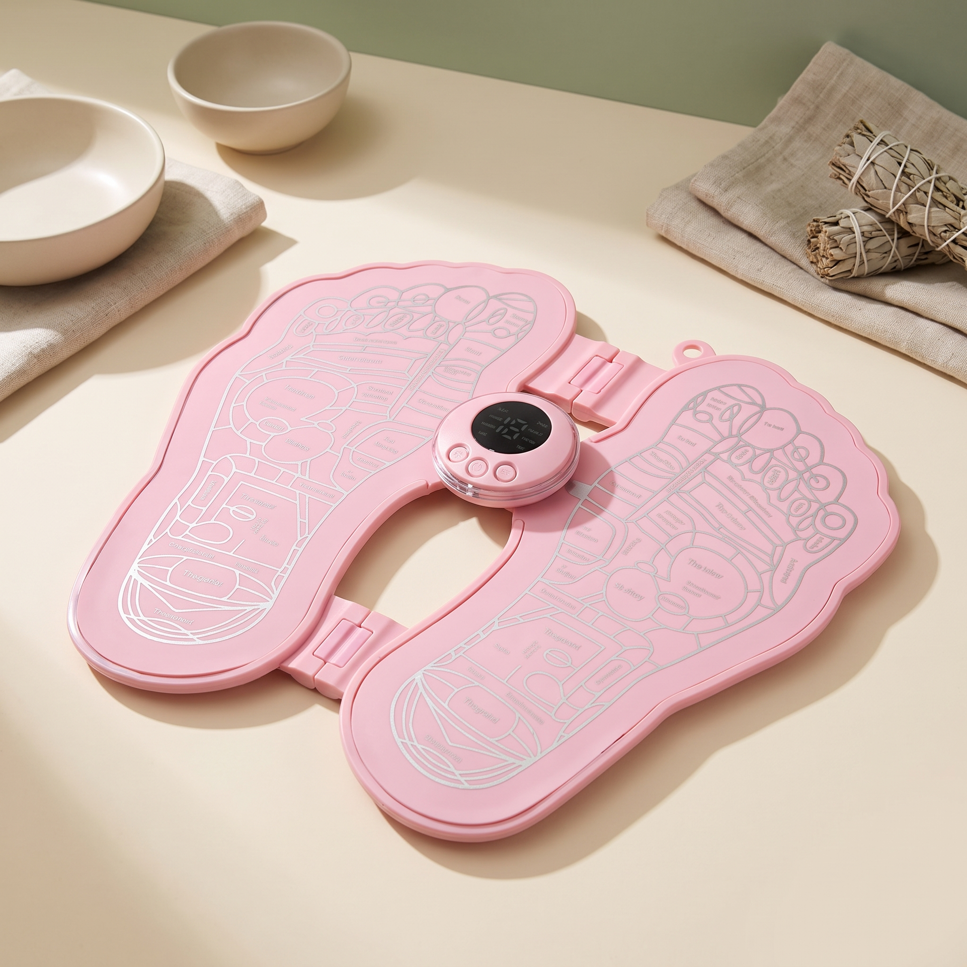 Pink QUANTUM EMS foldable foot massager pad, unfolded, on a clean wellness background