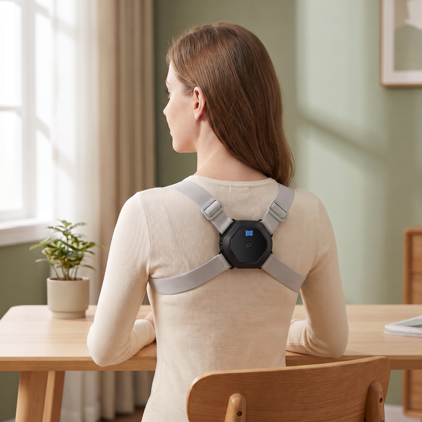 Woman wearing the Restveda J-5000 posture trainer at her desk, LCD pod visible between the shoulder blades