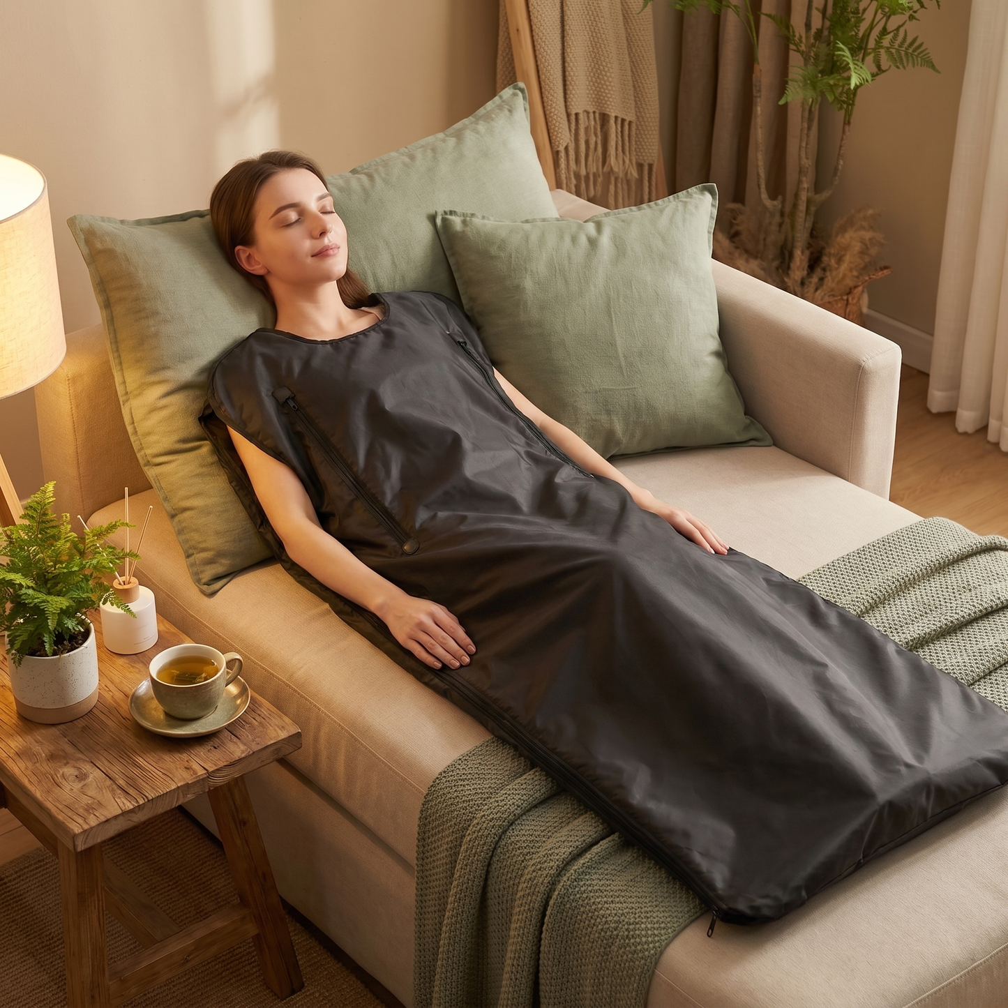 Woman relaxing in the AURELIA infrared sauna blanket with her arms resting outside on top