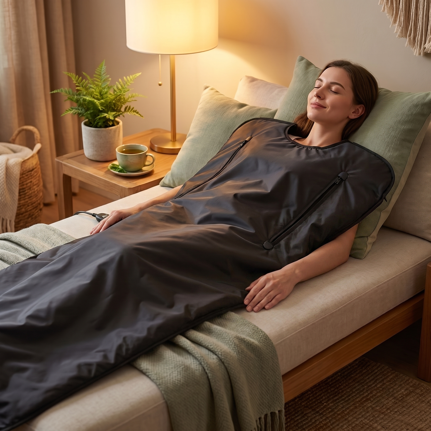 Woman relaxing in the AURELIA sauna blanket with her arms resting on top of the blanket, controller in hand
