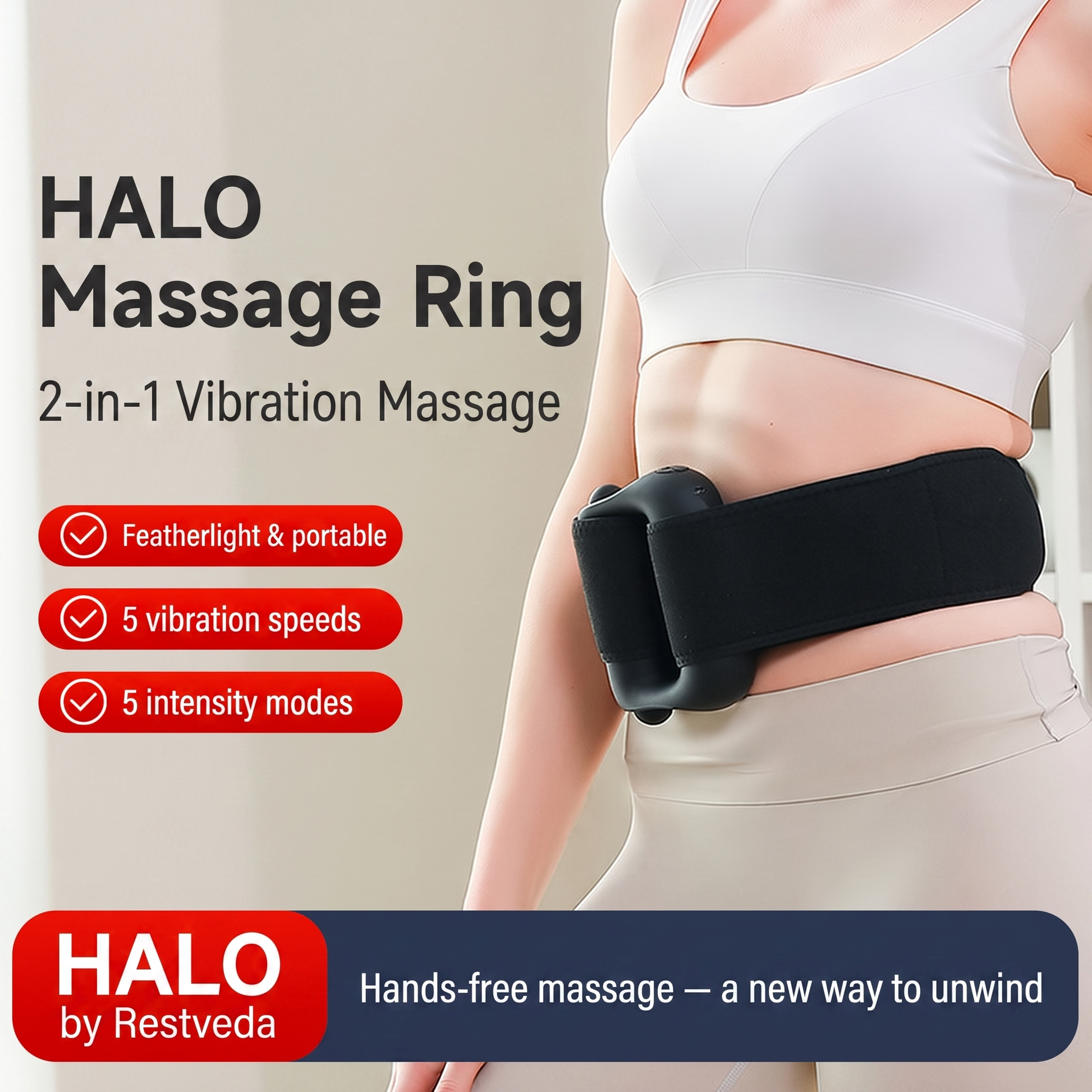 HALO Massage Ring — 2-in-1 vibration massage with featherlight portable design, 5 vibration speeds and 5 intensity modes