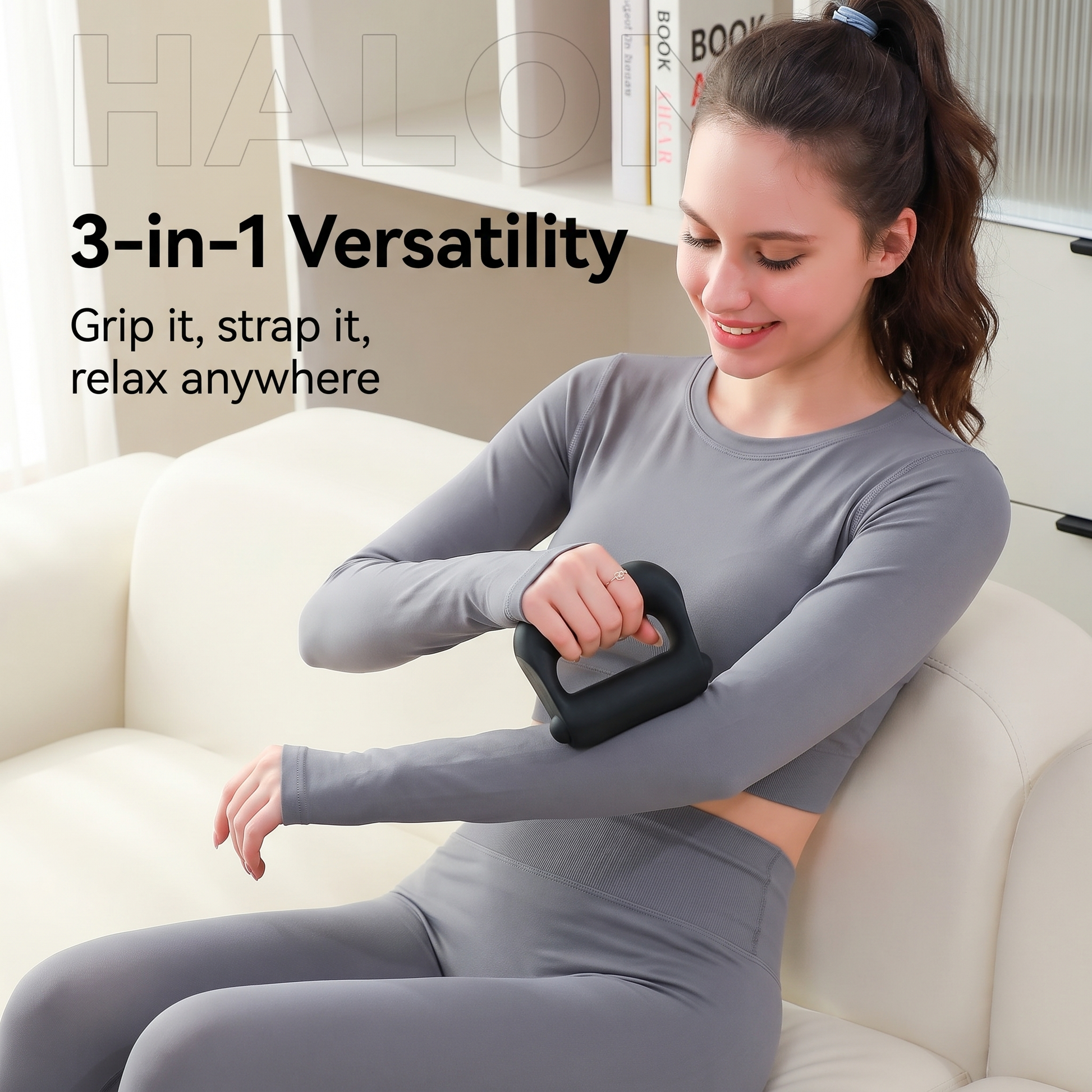 HALO Massage Ring 3-in-1 versatility — grip it, strap it, relax anywhere