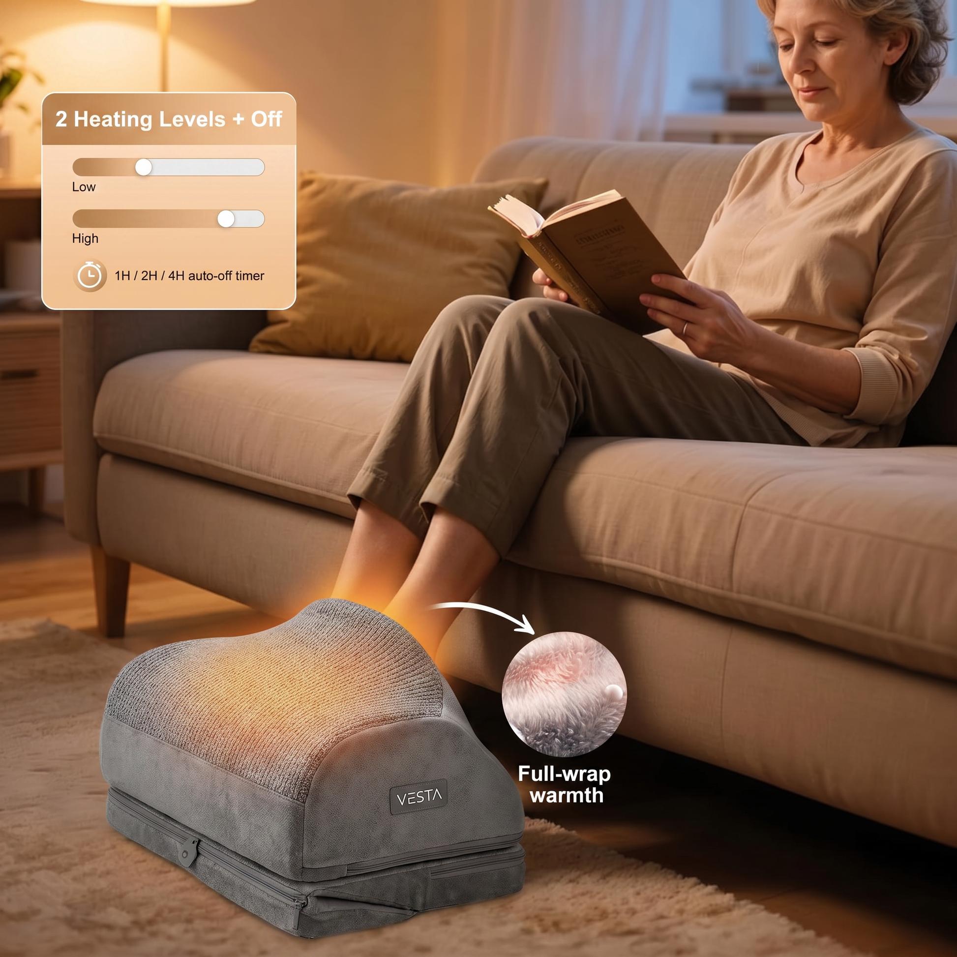 Woman reading on the sofa with feet inside the VESTA foot warmer — 2 heating levels plus off, 1H 2H 4H auto-off timer, full-wrap warmth
