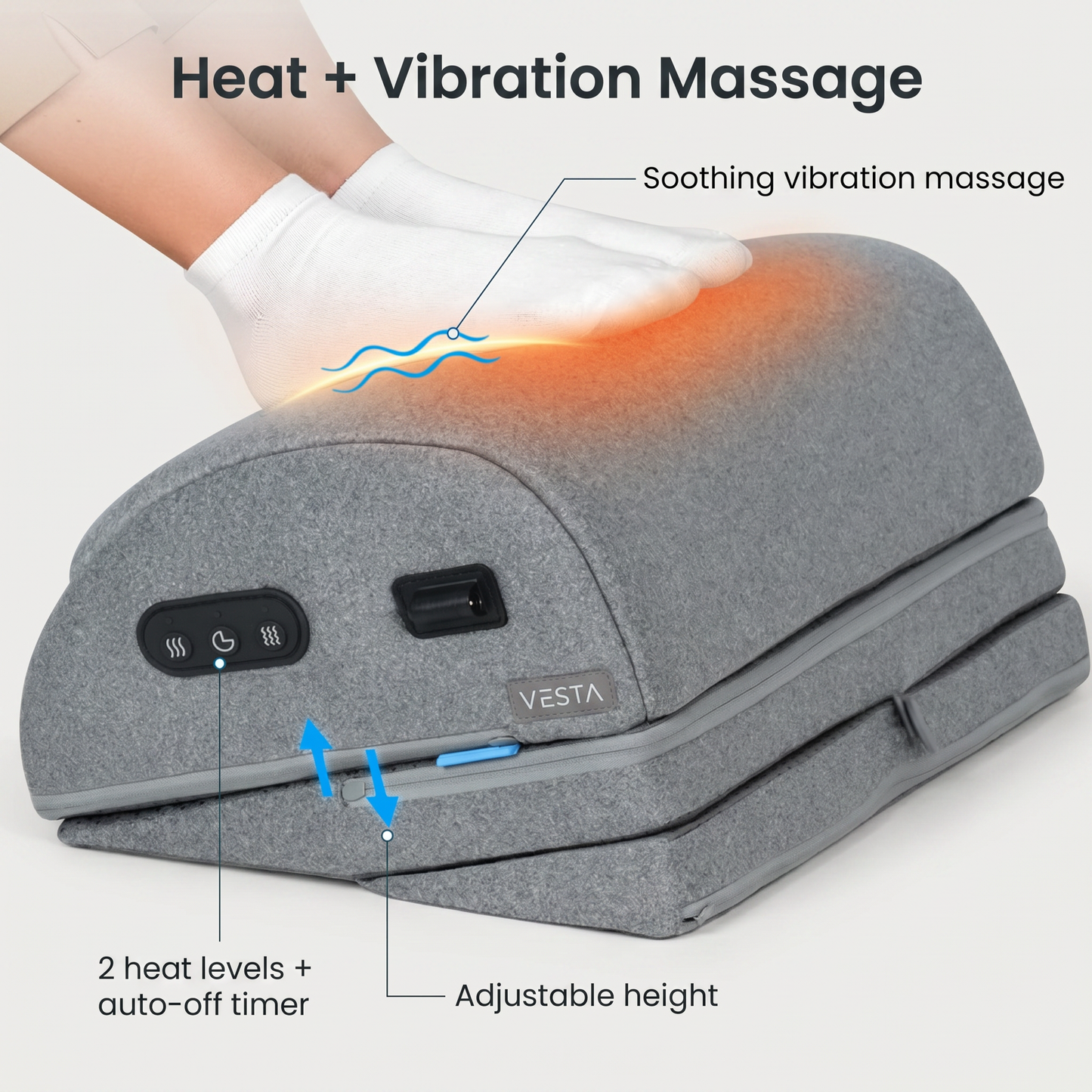 VESTA heated foot warmer close-up — heat plus vibration massage, 2 heat levels with auto-off timer, adjustable height