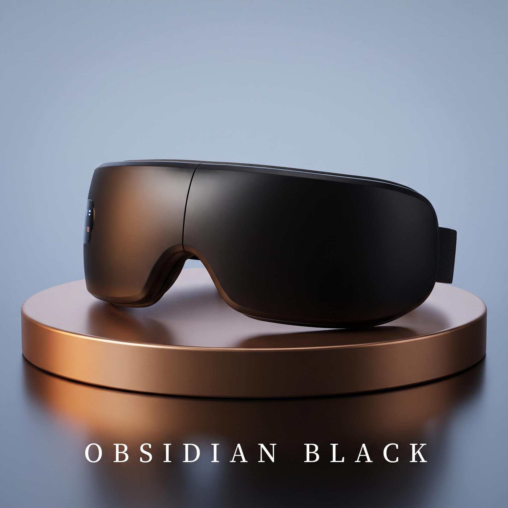 SOLACE eye massager in Obsidian Black on a bronze pedestal — premium studio shot