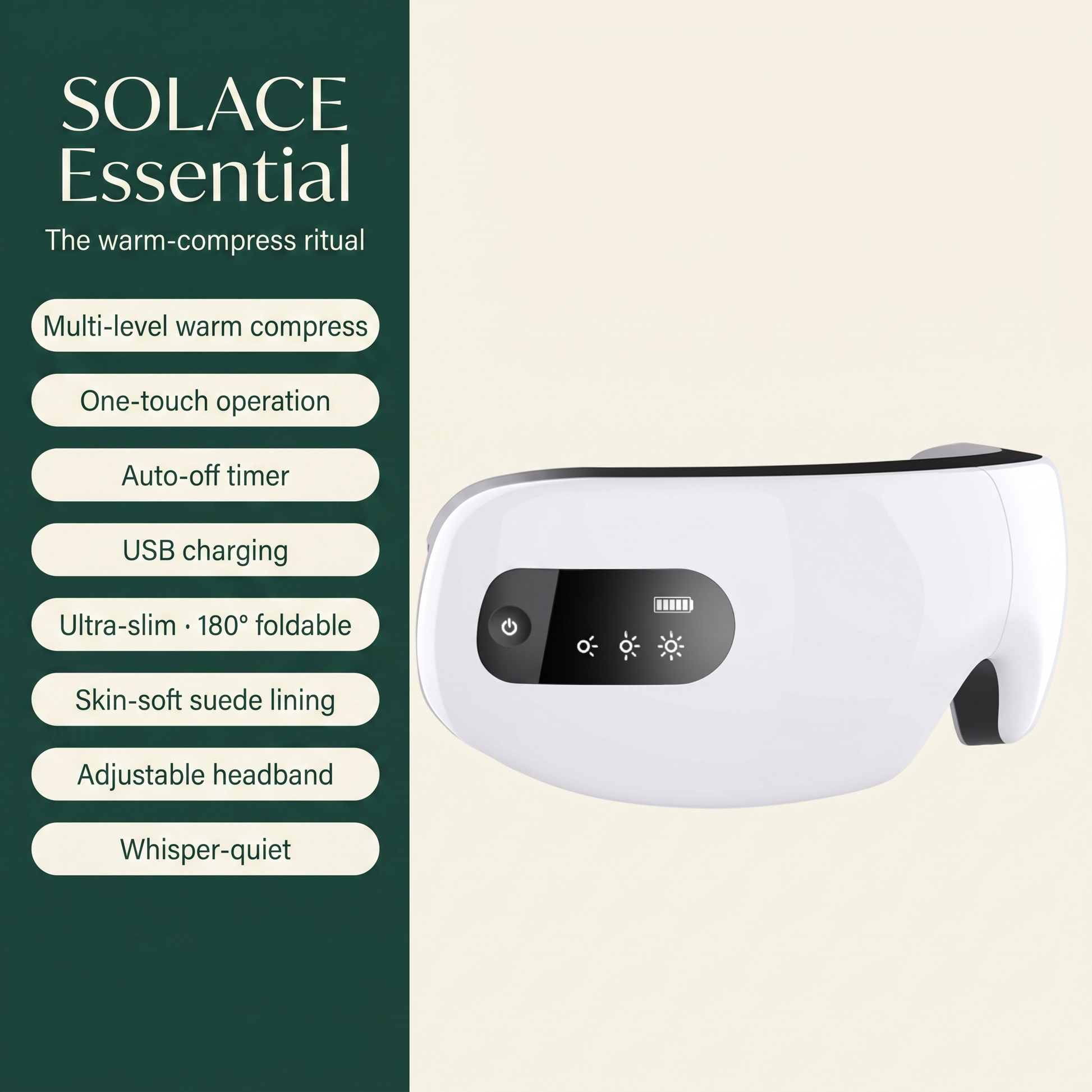 SOLACE Essential edition — the warm-compress ritual: multi-level warm compress, one-touch operation, auto-off timer, USB charging, ultra-slim foldable, suede lining, adjustable headband, whisper-quiet
