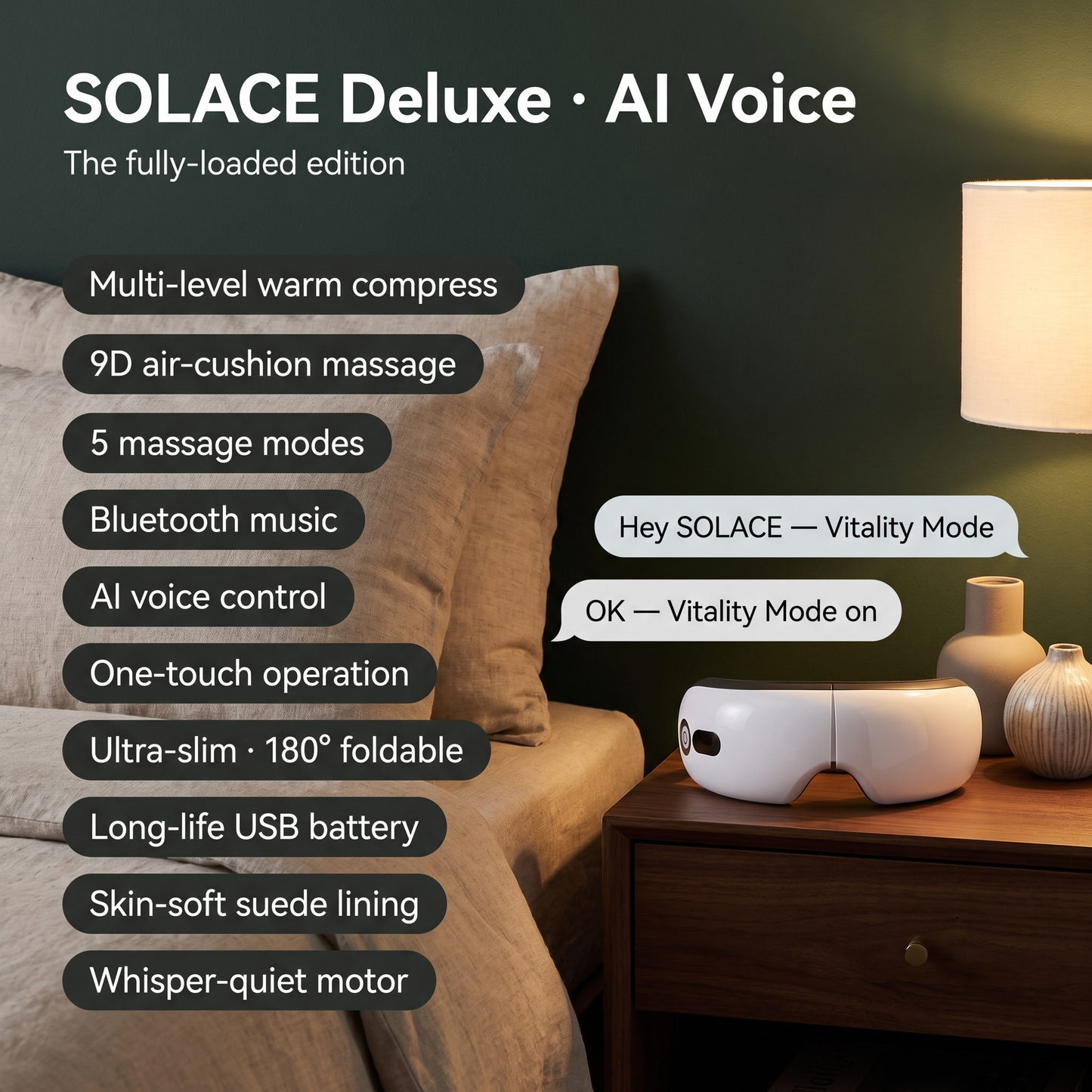SOLACE Deluxe AI Voice edition — the fully-loaded edition with 9D air-cushion massage, 5 modes, AI voice control and Bluetooth, shown on an evening nightstand