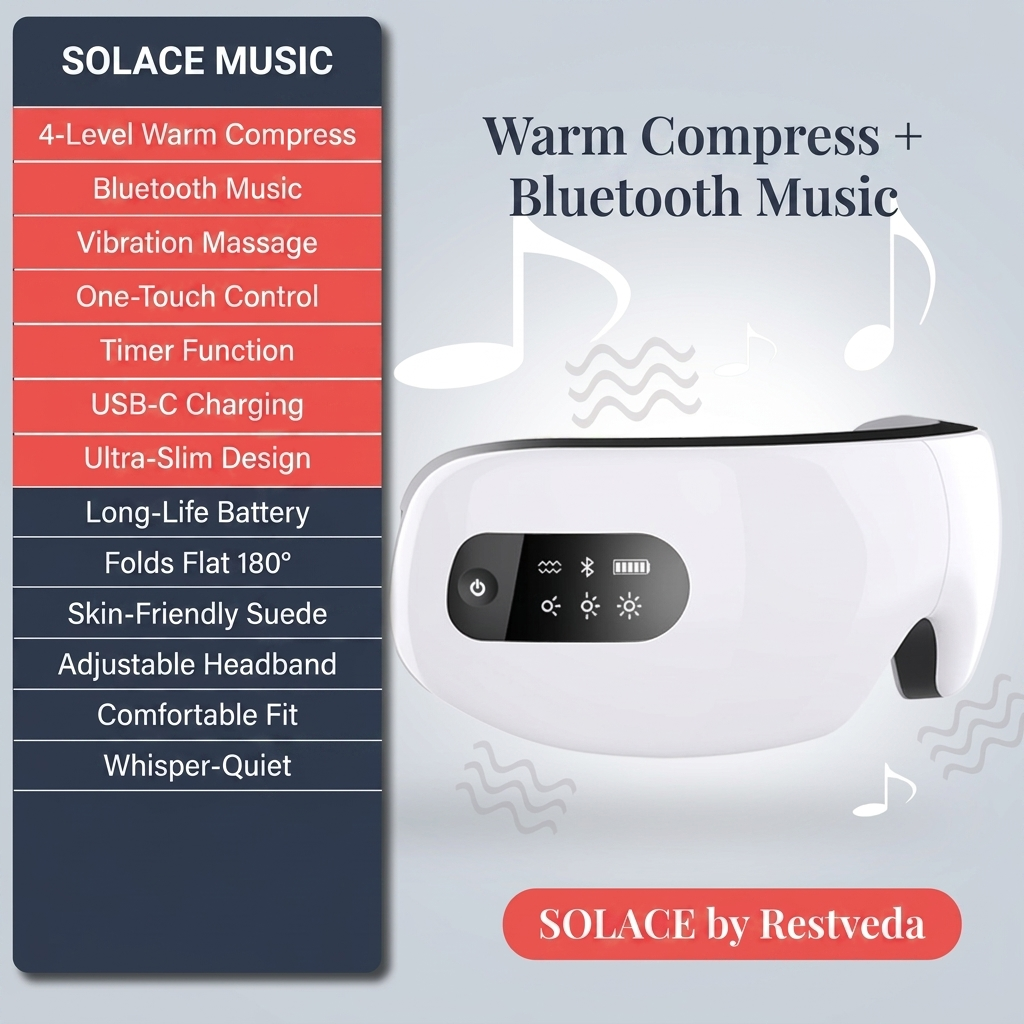 SOLACE Music edition card — warm compress + Bluetooth music: 4-level warm compress, vibration massage, one-touch control, timer, USB-C, ultra-slim, long-life battery, folds flat 180°, suede lining, adjustable headband, whisper-quiet