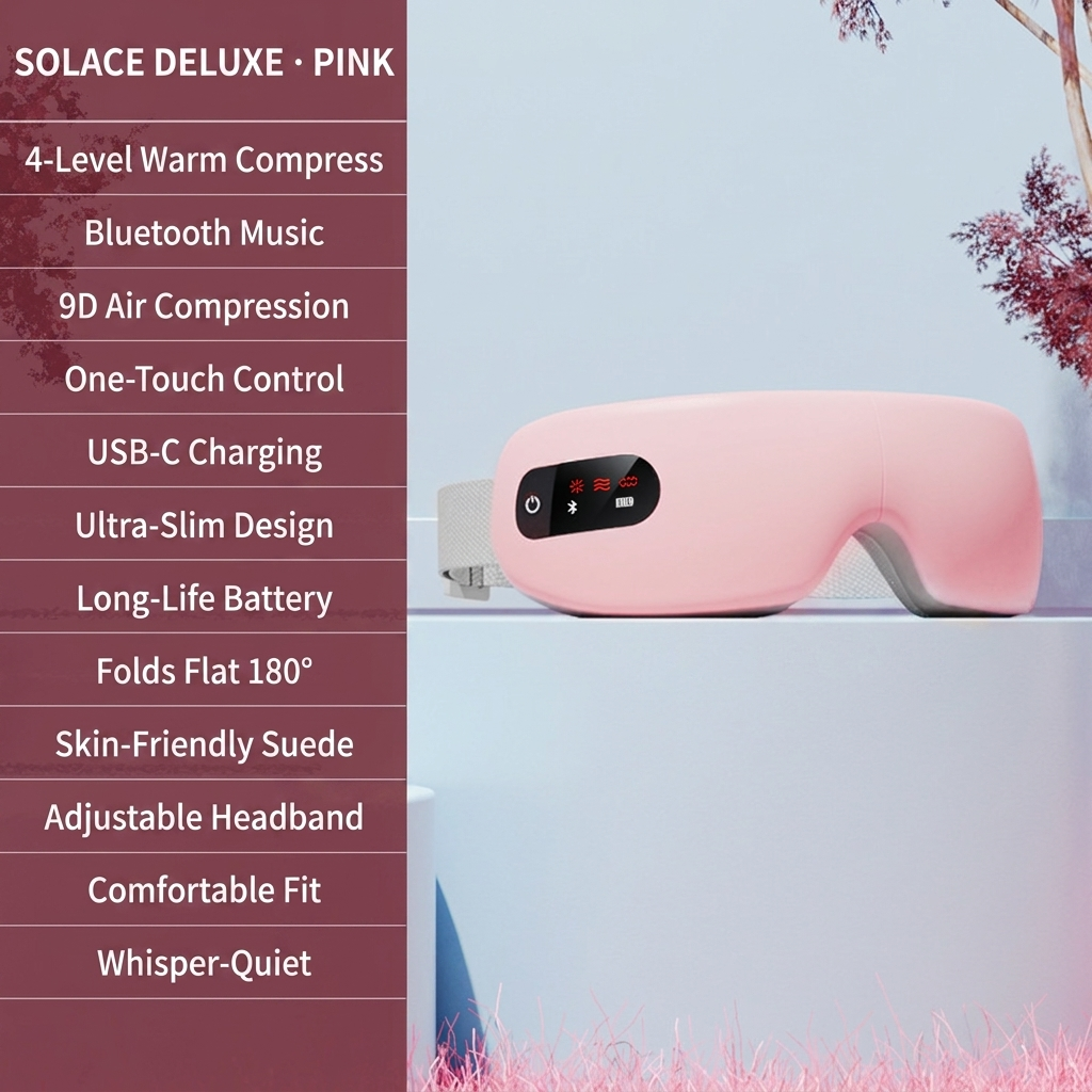 SOLACE Deluxe edition in Charm Powder pink — 4-level warm compress, Bluetooth music, 9D air compression, one-touch control, USB-C, ultra-slim, long-life battery, folds flat 180°, suede lining, adjustable headband, whisper-quiet