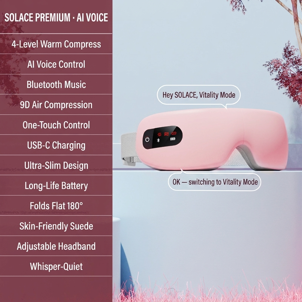 SOLACE Premium AI Voice edition in Charm Powder pink — hands-free voice control: say 'Hey SOLACE, Vitality Mode' and it switches for you; 4-level warm compress, Bluetooth music, 9D air compression