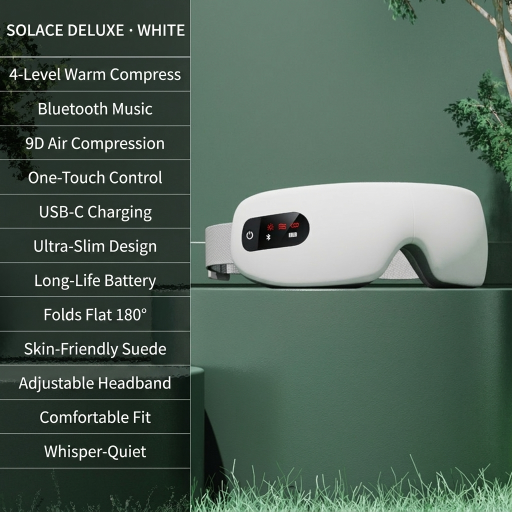 SOLACE Deluxe edition in white — 4-level warm compress, Bluetooth music, 9D air compression, one-touch control, USB-C, ultra-slim, long-life battery, folds flat 180°, suede lining, adjustable headband, whisper-quiet