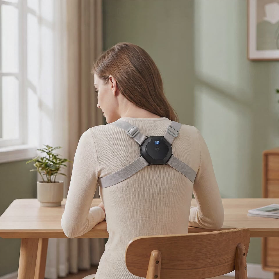 Demo loop: the Restveda posture trainer worn at a desk, a gentle sit-tall reminder with the LCD pod glowing