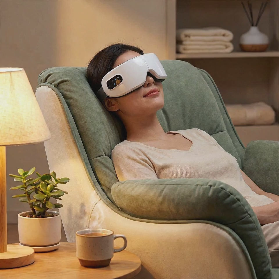 Demo loop: the SOLACE eye massager worn, cushioned airbags gently pulsing with soft warm heat during a calm wind-down