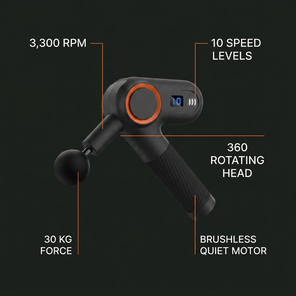 QUELL features: 3,300 RPM, 30 kg force, 10 speed levels, 360 rotating head, brushless quiet motor