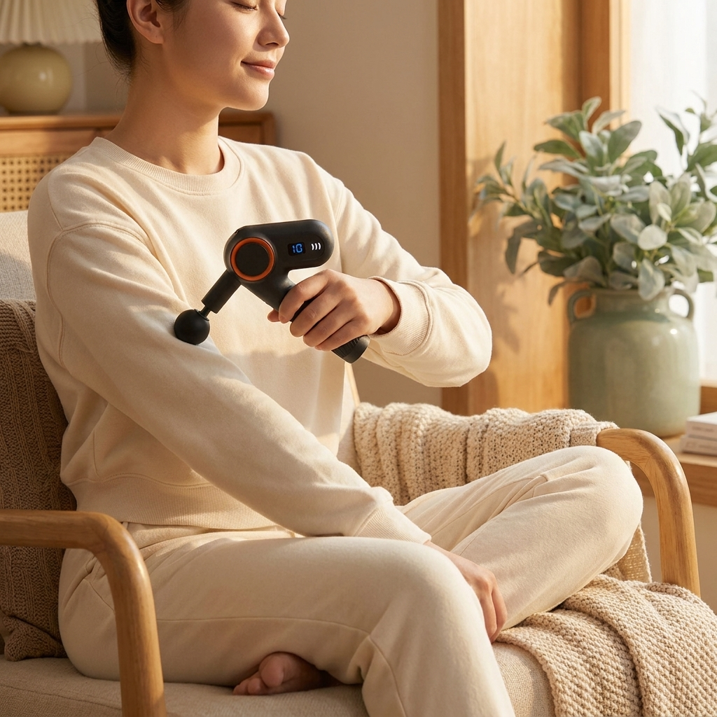 Person relaxing at home using the QUELL compact percussion massager