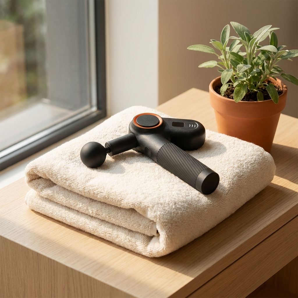 QUELL compact percussion massager resting on a folded towel, premium studio shot