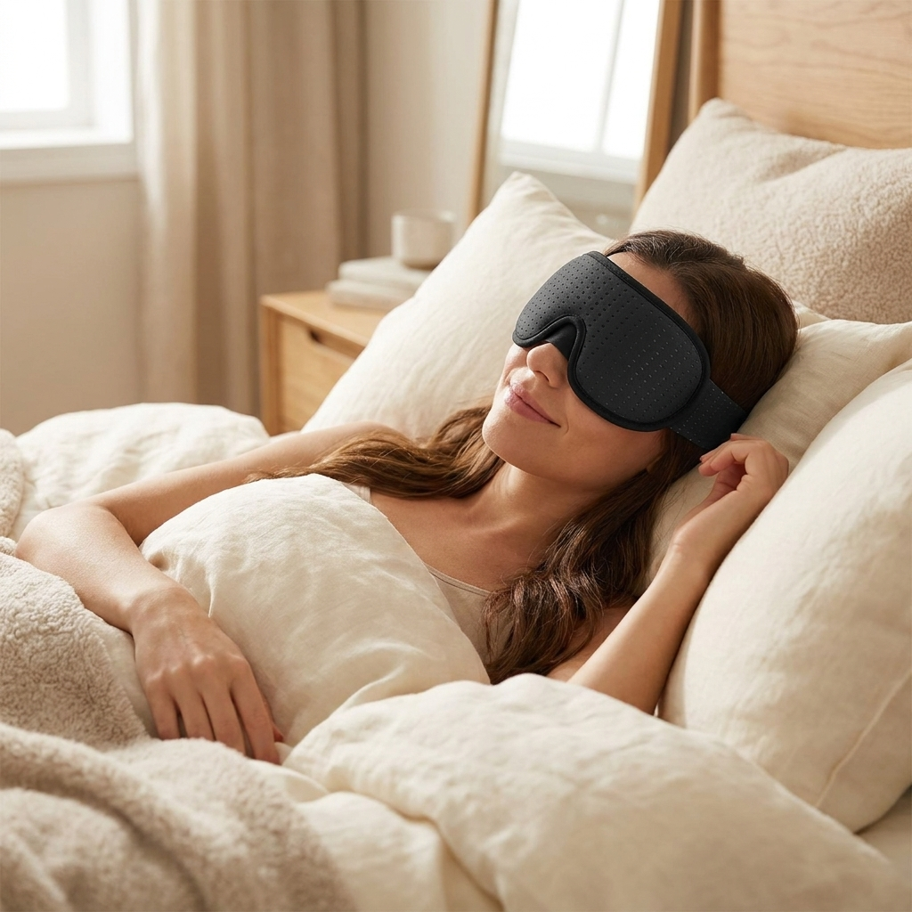 Woman resting in bed wearing the SERENITY 3D breathable blackout sleep mask