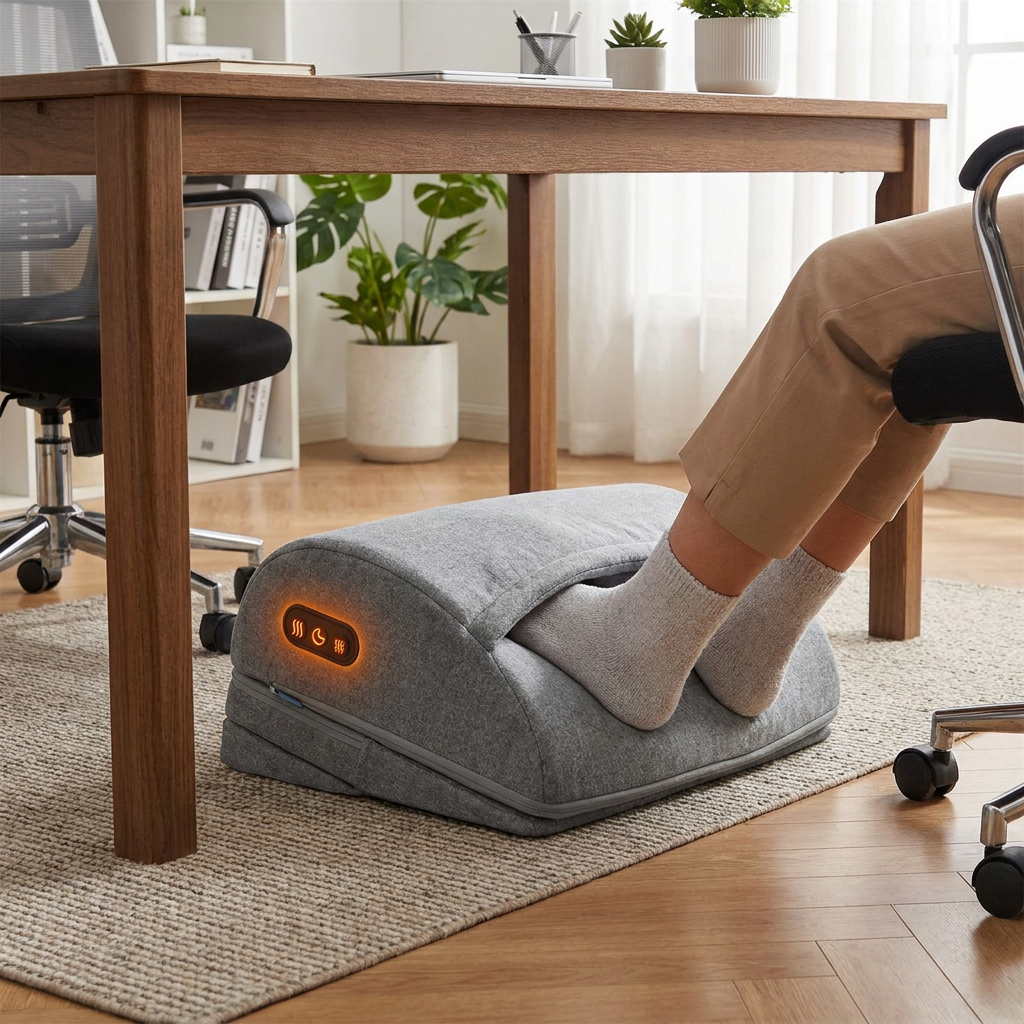 Feet tucked into the VESTA heated foot warmer under a desk in a home office