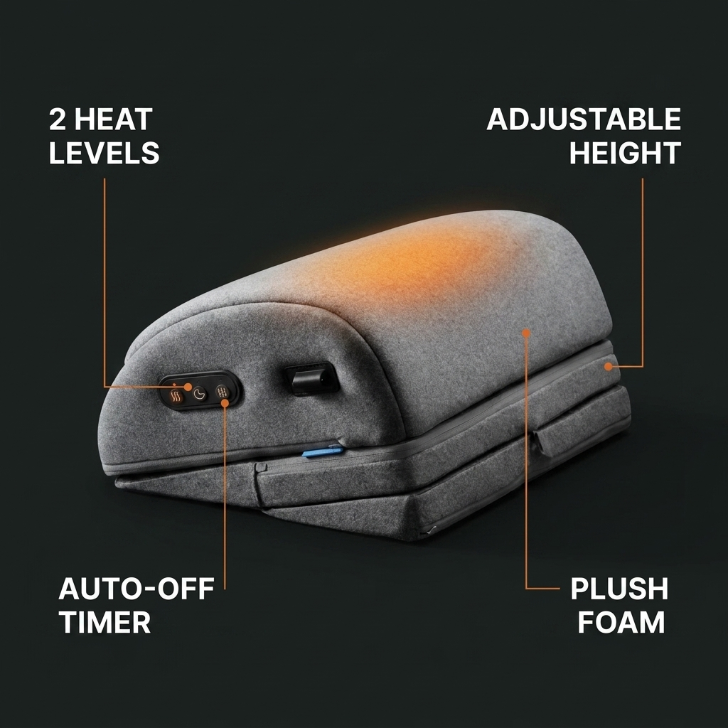VESTA features: 2 heat levels, auto-off timer, adjustable height, plush foam