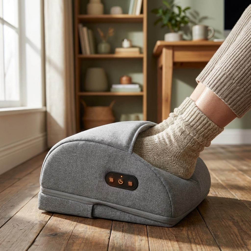 A sock-clad foot slid into the warm front opening of the gray VESTA heated foot warmer under a desk