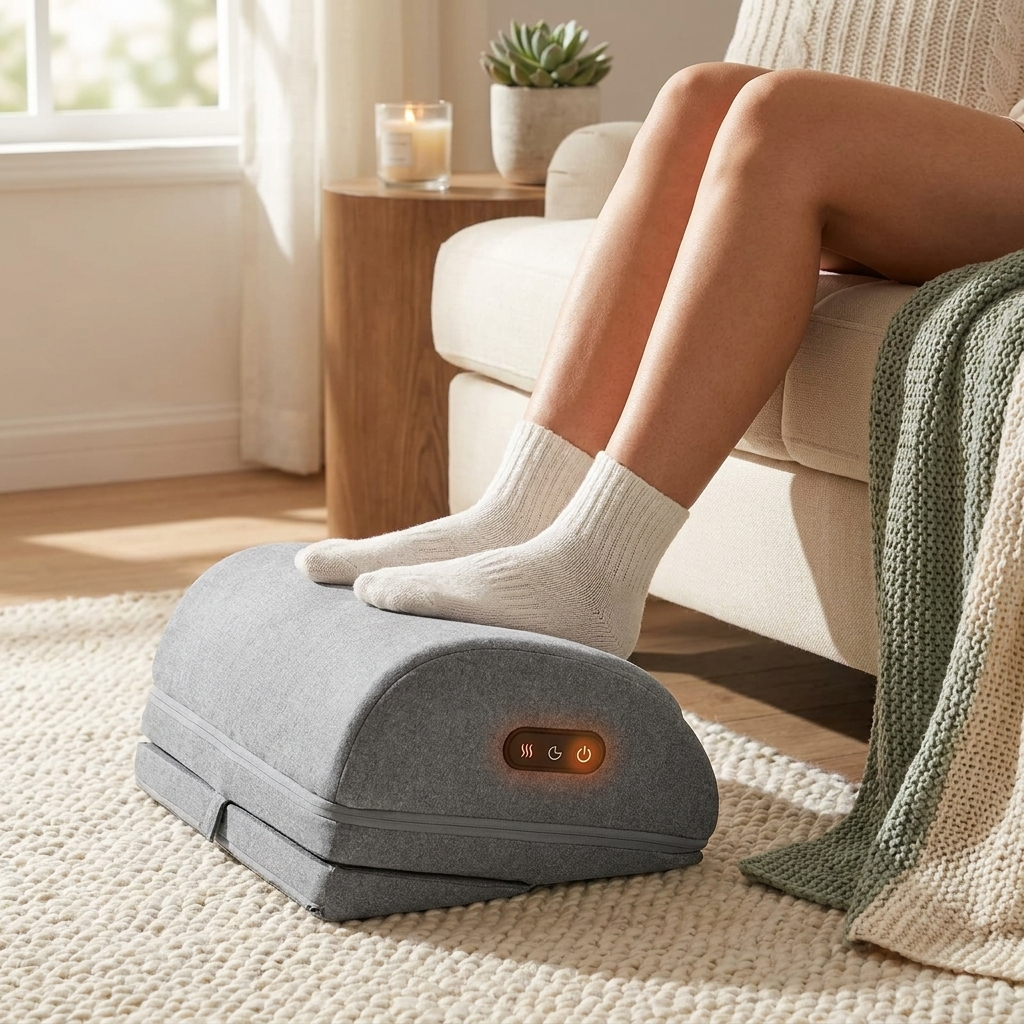 Sock feet tucked into the warm opening of the gray VESTA heated foot warmer beside a sofa